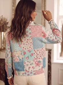 Plus Size Women's Patchwork Floral Print Round Neck Front Button Knit Cardigan, Long Sleeve Loose Fit Jacket, Suitable For Autumn/Winter Daily Wear And Coffee Shop Outfits - Color - View 6