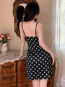 DAZY Classic Black & White Polka Dot Lace Trim Camisole Nightgown,Women's Deep V Bowknot Decor Fitted Mini Skirt,Soft &Comfortable Sexy Sleepwear Suitable - Black and White - View 3