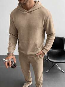 Soft Textured Hoodie & Jogger Pants Set, Kangaroo Pocket Hooded Sweatshirt + Cuffed Sweatpants, Loose Casual 2 Pieces Outfit For Home And Outings - Khaki - View 2