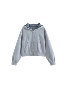 Korean Niche Design Plaid Patchwork Loose Hooded Sweatshirt Tops (Random Plaid) - Grey - View 5