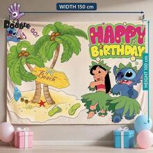 DOBBLE Lilo & Stitch 1pc 210x150cm Birthday Party Backdrop, Hawaiian Tropical Photography Background Banner For Photo Booth, Cake Table, Wall Decor And Party Supplies - View 3