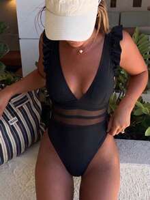 HaiiMeid 女士纯色撞色网纱V领连体泳衣，适合夏季海滩度假，黑色 - 黑色 - 查看 9