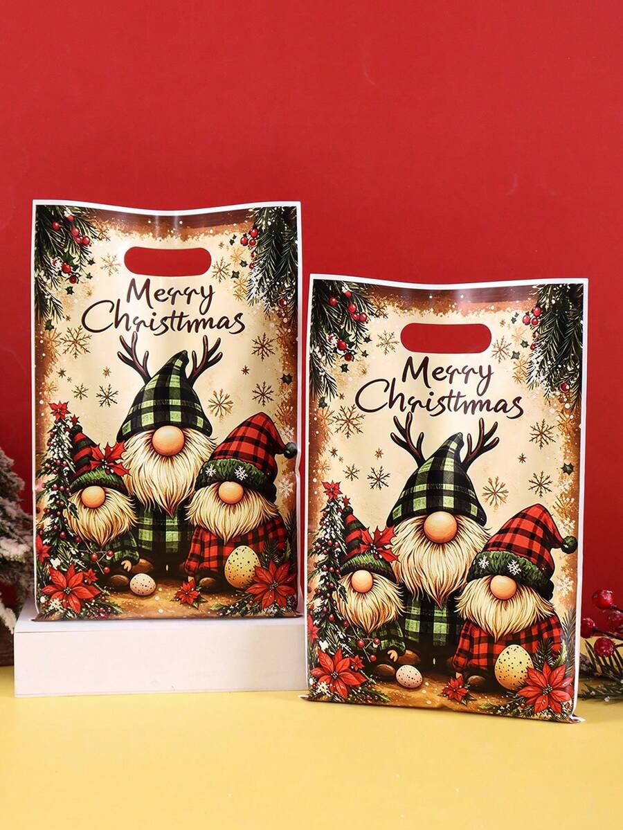 10/20/50pcs Merry Christmas Gift Bags, Rustic Elf Plastic Gift Packaging Bags, Winter Holiday New Year Party Supplies, 2026 Home Christmas Decoration