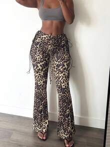 DOUCIU Leopard Print High Waist Drawstring Flare Pants Women's Casual Street Style - Multicolor - View 5