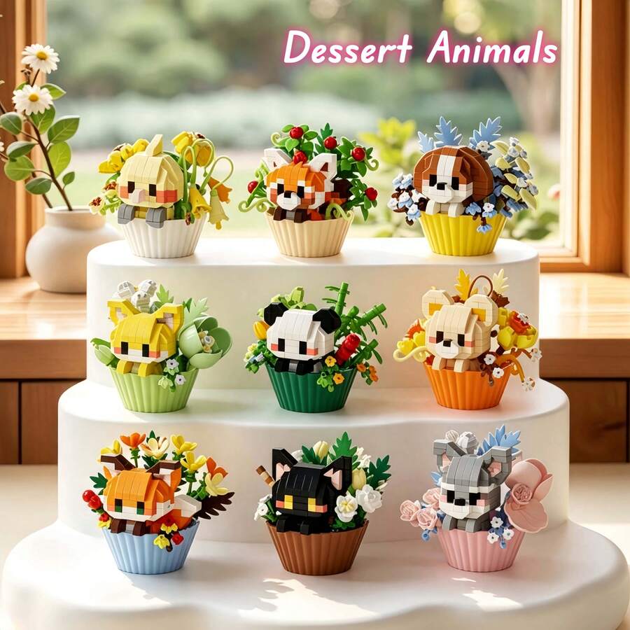 Dessert Cup Cute Animal Building Blocks Decor, Includes: Bear, Black Cat, Panda, Fox, Shiba Inu, Schnauzer, Raccoon, Beagle, Yellow Dog And More Elements Combined With Flower Cluster Dessert Design. Micro-Particle Creative Educational Building Blocks Decor, Children's Toy Building Blocks Set. ABS Resin Material, Warm And Healing Desktop Decor