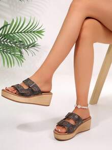 Women's Double Buckle Rhinestone Wedge Slip-On Sandals, Open Toe Woven Thick Sole Summer Slippers - Brown - View 2