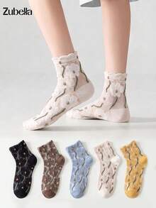 5 Pasang Kaos Kaki Pendek Wanita Motif Hati Berkerut Gaya Retro, Bernapas & Nyaman, Cocok untuk Semua Musim - MultiWarna - View 3
