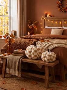 1pc Autumn Buffalo Plaid Pumpkin Shaped Plush Throw Pillow, Soft Teddy Fleece Filled Decorative Cushion, Farmhouse Style Fuzzy Sofa Pillow, Suitable For Living Room Bedroom, Halloween Thanksgiving Home Decor Room Arrangement - Light Brown - View 5