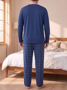 Men's Plus Size Minimalist Solid Color Crew Neck Top + Blue Plaid Long Pants Pajama Set, Casual Home Wear For Autumn/Winter Christmas - Navy Blue - View 2