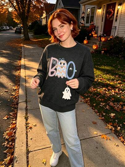 Plus Size Women's Autumn Holiday Casual Ghost Imp B00 Pattern Crew Neck Long Sleeve Halloween Black Knit Sweater/Autumn Outfit, New Fall Fashion 2026 For Women