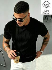 WAIT HIM 100% Cotton Men's Casual Spring/Summer Solid Color Knit Short Sleeve Top - Black - View 4