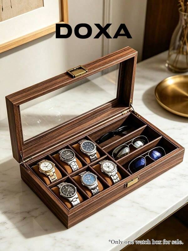 Caja de almacenamiento de relojes y gafas con grano de madera vintage DOXA, cierre de latón, tapa transparente, forro de terciopelo, estuche de exhibición de múltiples compartimentos