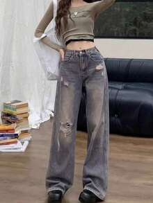 Vintage Distressed Boyfriend Jeans For Petite Women, Versatile, Slimming, Loose Wide Leg Long Pants Casual Spring Fall - Retro Blue - View 5