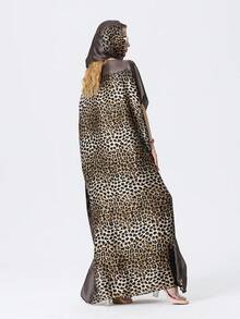 Maillard Color Leopard Print Flowy Satin Long Kaftan Dress With Yellow Trim, Matching Headscarf, Vacation Style - Multicolor - View 2