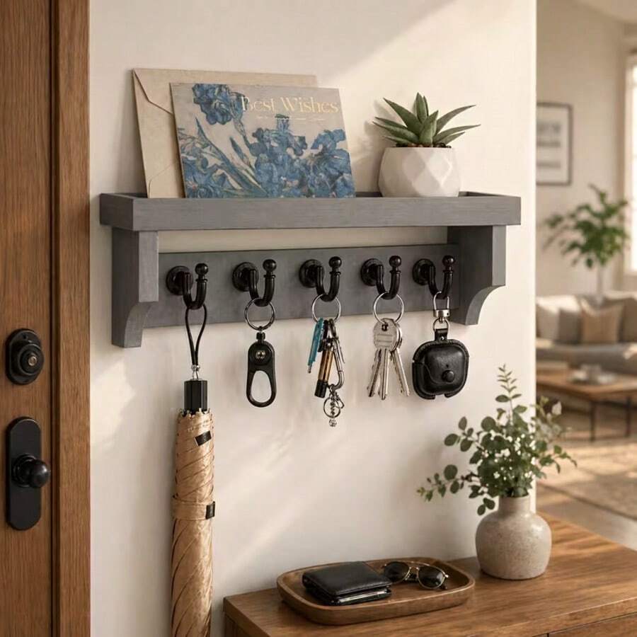 Wall-Mounted Key And Mail Organizer With Shelf And Mail Storage Rack. Mail Rack With 5 Hooks, Can Be Used To Hang Coats, Dog Leashes, Or As Home Decor Shelf Or Entryway Storage Rack. - Grey - View 1