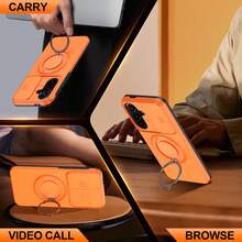 Étui de téléphone compatible avec Samsung S26 Ultra A35 Couverture complète de l'objectif Couvercle coulissant A57 Support magnétique rotatif Étui de protection - Orange - Voir 8