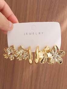 6/18PCS Fashionable Elegant Floral Geometric Textured Metallic Earring Set Suitable For Party, Banquet, Travel, Wedding, Vacation, Daily Wear Jewelry Gift (Lightweight ABS Material, Non-Fading) - Gold - View 4