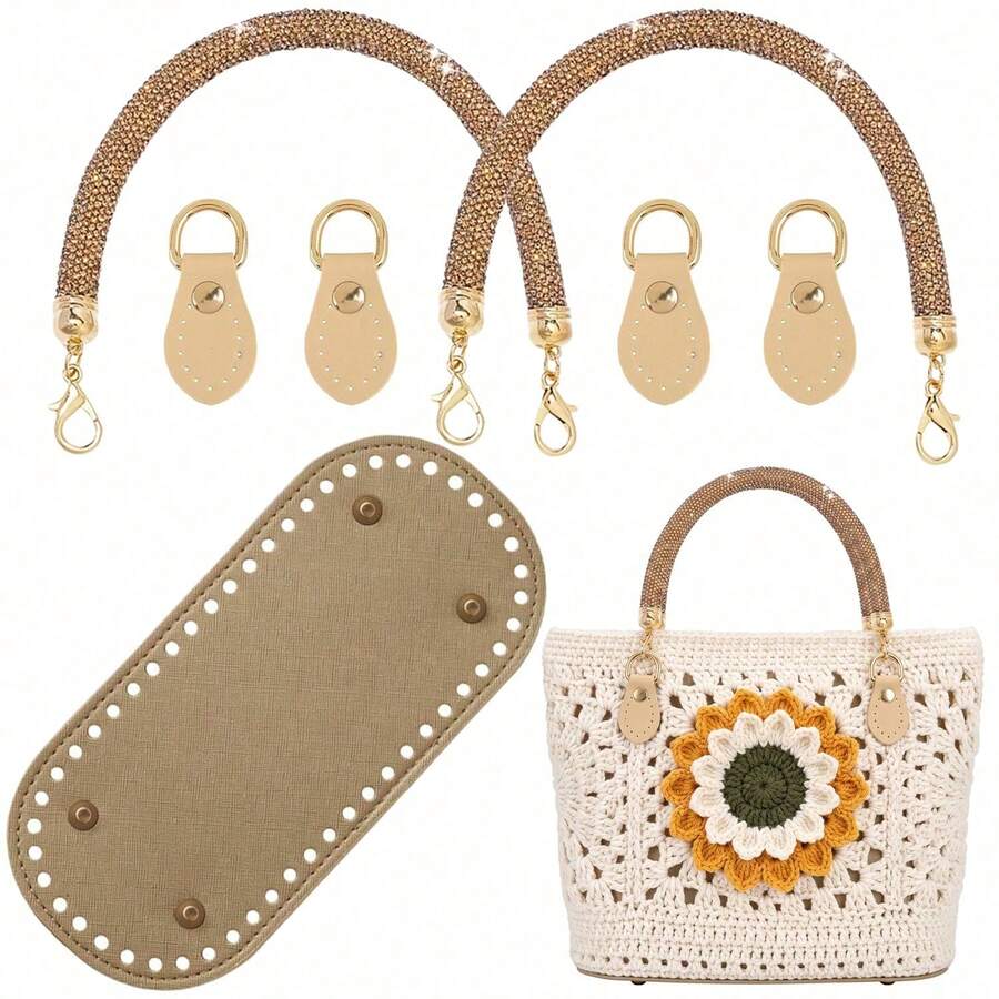 7 Pcs DIY Bags Making Supplies Kit 2 Rhinestone Purse Handles+4 Purse Strap Mount Hook+1 PU Leather Purse Bottoms For Crocheting Bag Handbag Crafting - 7-piece Set - View 1