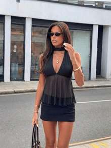 V-Neck Halter Fashionable Sexy Backless Sheer Strap Cropped Top Black Summer - Black - View 3