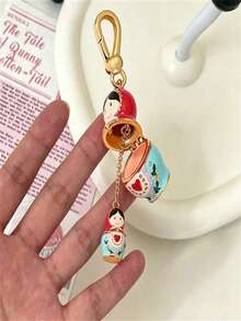 Openable Matryoshka Doll Keychain, Enamel Russian Nesting Doll Bag Charm, Cute Folk Style Gold Key Ring Accessory - Multicolor - View 2