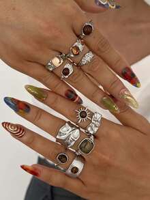 11/6/5pcs Vintage Old Money Style Pleated Texture Faux Gemstone Ring Set, Suitable For Women's Daily Wear - Silver - View 3