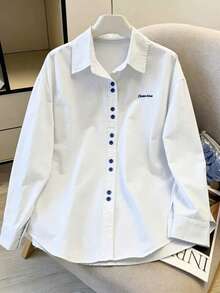 女款刺繡字母前扣式辦公襯衫 白色 - 白色 - 查看 6