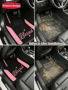 4Pcs Polyester Car Floor Mats, Pink And Black Two-Tone Design Auto Carpets, Warm Letter Pattern Wear-Resistant Interior Accessories For Most Cars - A - View 6