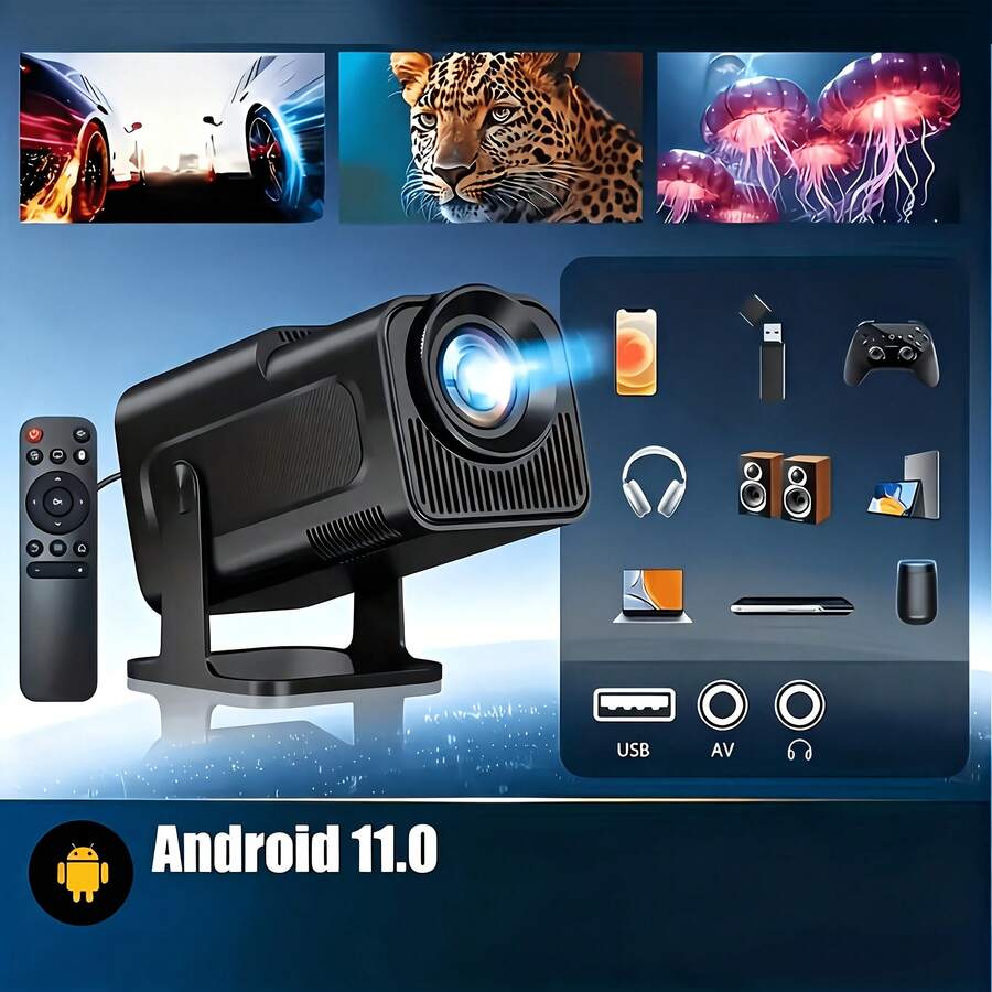 [2026 New Model] Smart 4K Projector, Wi-Fi Wireless Connection, Mini Projector, Android 11.0 System, Short Throw Projection, Supports 4K/Native 720P High Definition, Built-In Speaker, Comes With Remote Control, 180° Rotatable, Adjustable, Suitable For Indoor/Outdoor Viewing - Black - View 1