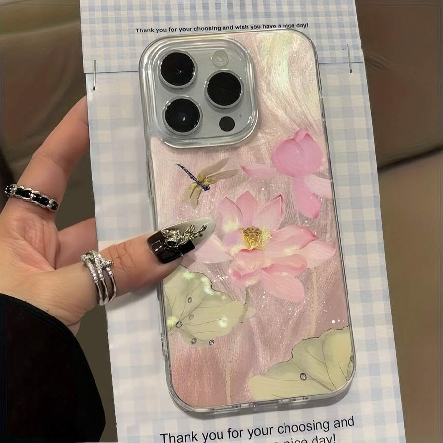 1pc Feather Tulle Shell IMD Lens Protection Anti-Fall Gradient Pink Lotus Dragonfly Pattern Personalized Phone Case Compatible With IPhone 16 Pro Max/17/16/15/14 Plus/13/12/11/Air And Series - Multicolor - View 1