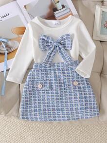 2pcs Set Baby Girl Exquisite Princess Cream White Ribbed Corduroy Long Sleeve Bodysuit & Matching Plaid Tweed Big Bow A-Line Mini Skirt Outfit, Spring Autumn Travel Photo Shoot Sweet Little Princess Style - Dusty Blue - View 3