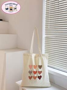 Heart Print Pattern Casual Canvas Bag - Beige - View 5