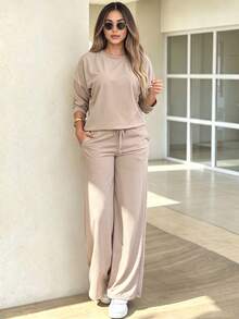 Fall Women's Solid-Color Casual Set: Round-Neck Long-Sleeve Top With Elastic Waist, Drawstring, And Pockets; Wide-Leg Pants (Two Pieces Set) - Apricot - View 1