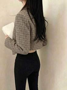 Vintage Houndstooth Jacket For Women, Front Zipper Design, Long Sleeve, Lapel Collar, Regular Fit, Suitable For Autumn/Winter Wear - Multicolor - View 2