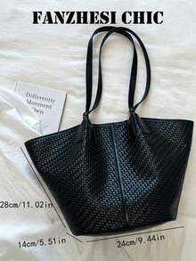 Stretched Fan-Shaped Tote Bag, Fully Covered In Woven Embossed Texture, Delicate And Layered Texture, Vertical Dividing Decorative Strips Outline Three-Dimensional Contour, Neat Edge Treatment Of Bag Opening. Extended Shoulder Strap Suitable For Shoulder Carrying, Open Design For Convenient Access, Ample Interior Storage Space, Minimalist And Elegant Style Suitable For Commuting, Daily Outings And Various Scenarios. - Black - View 2