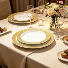 1/20/25/50pcs Luxury Gold Floral Hollow Rim Round Plate Set, Large Capacity Stackable Packaging, Elegant Gold Hollow Lace Design, Great For Photography And Atmosphere, Suitable For Theme Parties, Outdoor Gatherings, Store Events, Home Dinners, Bulk Purchase Party Decoration Plates - White With Gold Trim - View 10