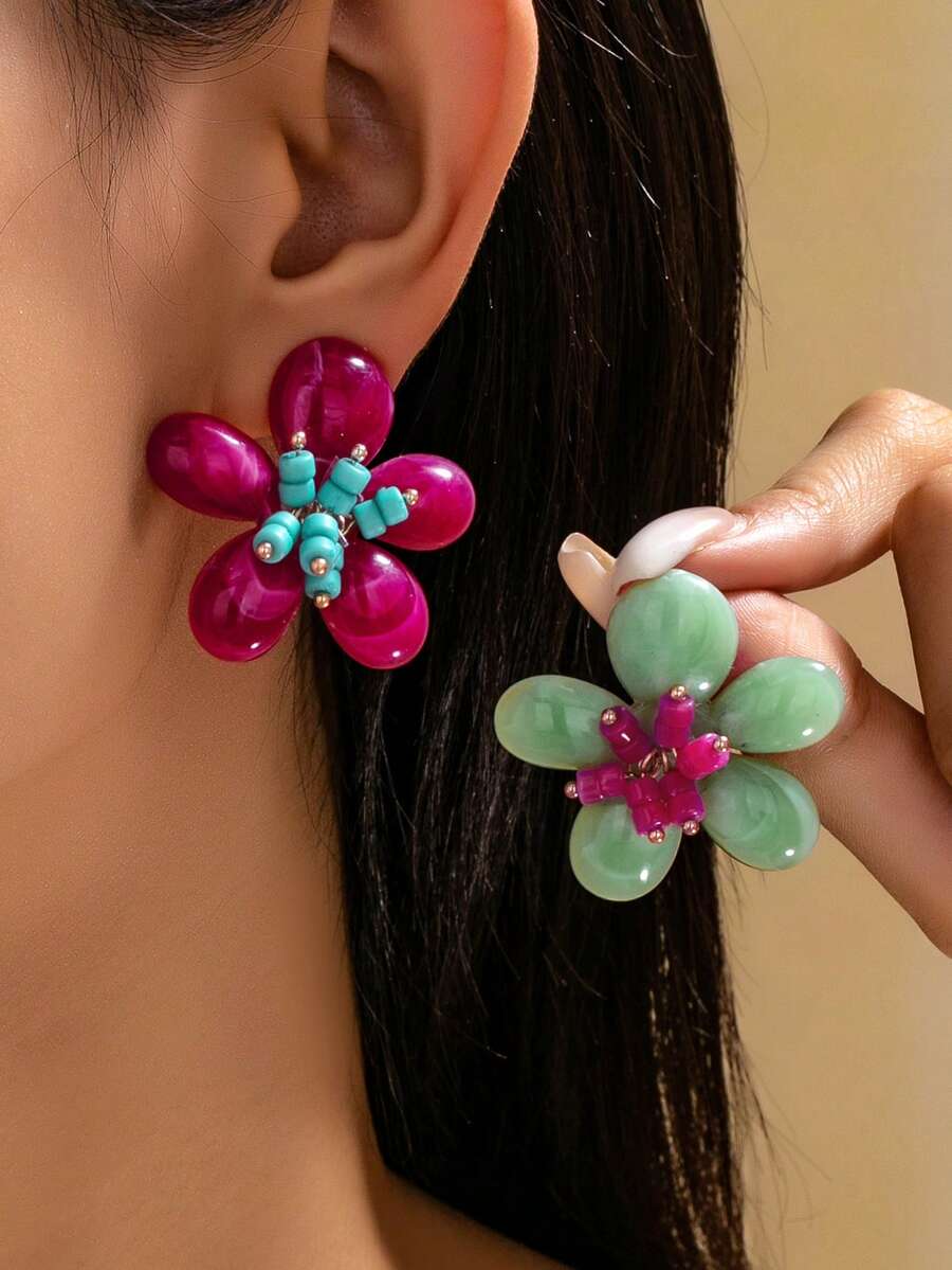 1 Pair Contrast Color Rice Bead Bubble Flower Stud Earrings, Vintage Niche Exaggerated Vacation Style Ear Jewelry - Bubble Flower Earrings - View 1