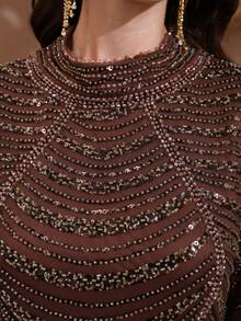 JINLICX High Neck Beaded Mesh Long Sleeve Lace Maxi Dress Dark Brown Formal Evening Gown - Coffee Brown - View 6