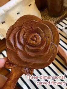 1pc Vintage Wooden Comb With 3D Carved Design + Handheld Makeup Mirror, Air Cushion Design, Comfortable Scalp Massage, Smooth Hair Styling, Dual Use For Home And Travel, Household Essential, Gift For Friends And Family - Brown - View 4