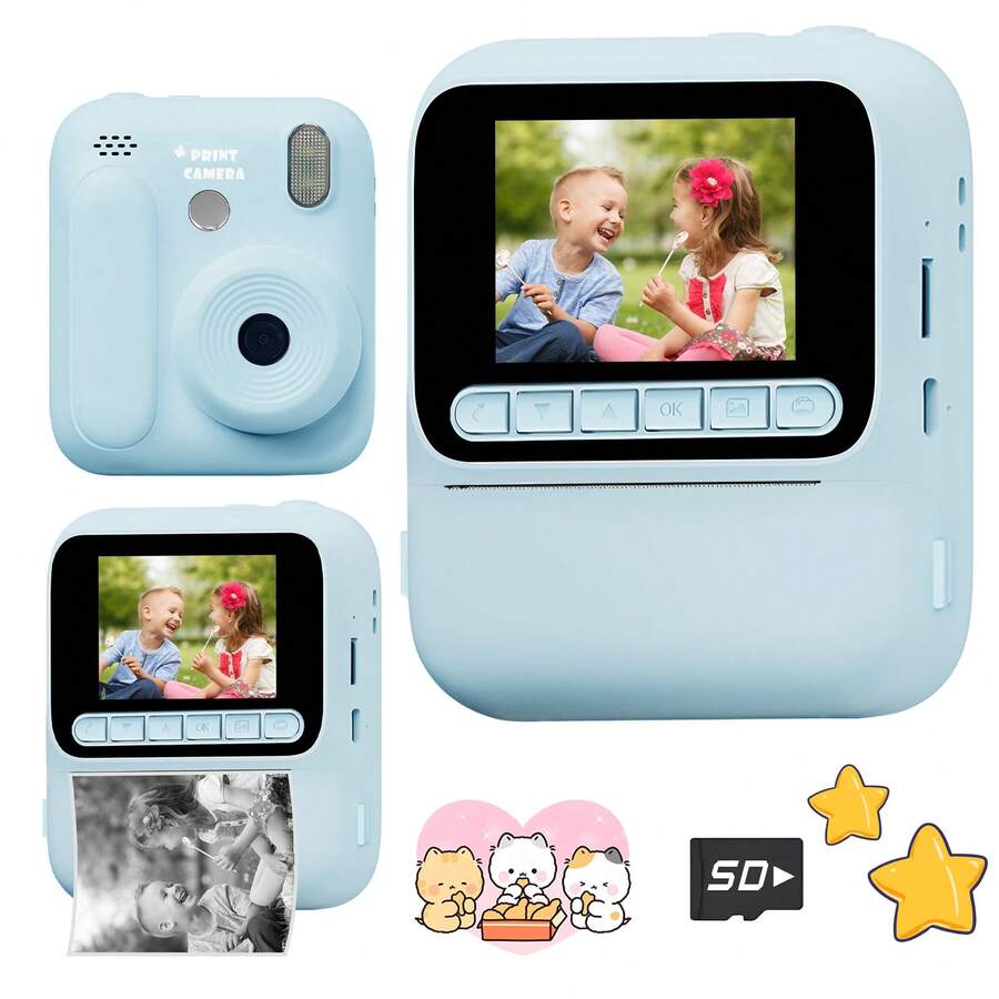 Kids Instant Print Camera Zero Ink Thermal Print Digital Camera With 4 Rolls Print Paper,2.4‑Inch Screen 1080P Video Recording Toy Camera For Boys Girls Birthday Gift