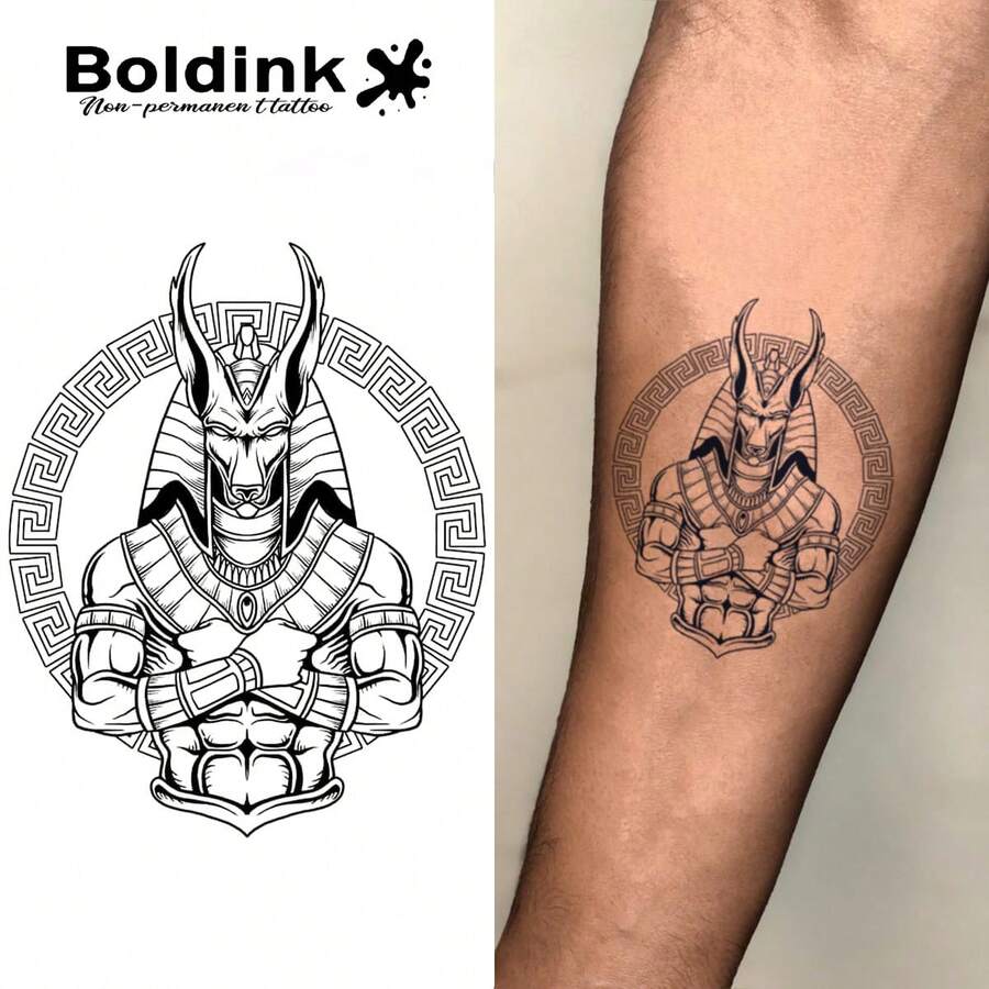 Boldink 1PC Stiker Tato Sementara Pola Cincin Anubis Mesir Kuno, Tato Seni Tubuh Tahan Air, Bertahan 1-2 Minggu, Formula Sari Tanaman, Lembut, Tidak Iritasi, Sempurna untuk Pakaian Sehari-hari, Dekorasi Tubuh, Hadiah Unisex, Penting - Hitam - View 1