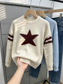 休閒學院風女款大尺碼秋冬星星圖案圓領套頭長袖針織衫 - 杏色 - 查看 5