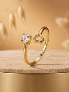 1pc Elegant Heart-Shaped Single Diamond Gold Ring, Four-Prong Zirconia Inlay, Adjustable Open Band, Suitable For Women's Engagement Or Daily Wear - Gold - View 2