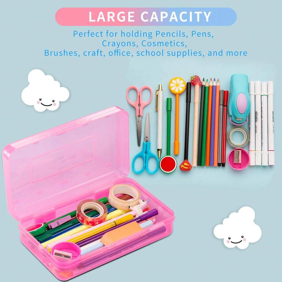 Large Hard Shell Pencil Case, Bulk Transparent Crayon Box | Marker Storage Box, Plastic Storage Box With Snap Lid, Art & Craft Storage Box, Back To School Stationery, Colorful - A - View 1