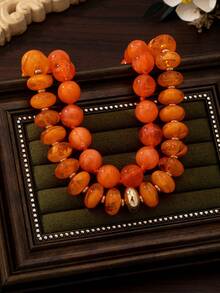 OABE 2pcs/Set Bohemian Style Orange Beaded Necklace Set With Round And Oval Beads Suitable For Women's Daily Wear - Orange - View 6