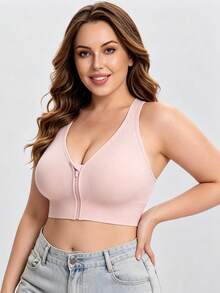 Women's Plus Size Sports Bra Pink Lingerie Front Zipper Criss-Cross Strap Bra - Pink - View 4
