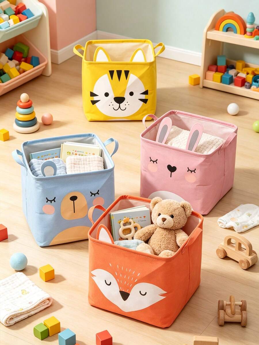 3D Cartoon Animal Ear Square Fabric Storage Basket, Foldable Handheld Storage Bucket, Baby Toys, Clothes And Daily Parenting Essentials Storage Box - Multicolor - View 1