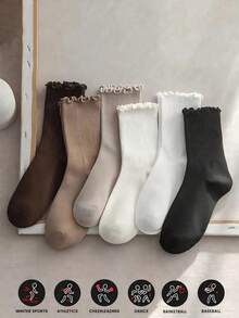 12/6/3/1 Pairs Women's Solid Color Ruffle Socks, Minimalist Fashion Versatile Comfortable Soft Cute, Suitable For Daily Wear, Ruffle And Floral Pattern Design, Suitable For Spring Autumn Winter, Beautiful Charming And Lovely, Ideal New Year Gift For Students, Friends, Lovers And Family, Also Great Choice For Spring Outdoor Activities. (Size 36-45) - Multicolor - View 1