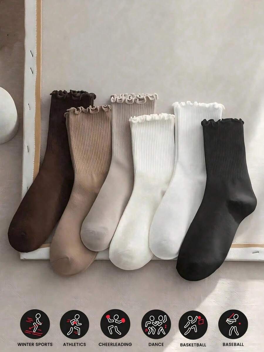 12/6/3/1 Pairs Women's Solid Color Ruffle Socks, Minimalist Fashion Versatile Comfortable Soft Cute, Suitable For Daily Wear, Ruffle And Floral Pattern Design, Suitable For Spring Autumn Winter, Beautiful Charming And Lovely, Ideal New Year Gift For Students, Friends, Lovers And Family, Also Great Choice For Spring Outdoor Activities. (Size 36-45) - Multicolor - View 1