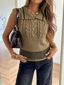 1pc Vintage Style Cable Knit Contrast Color Vest, New Layering Piece, Youthful Lapel Sleeveless Sweater - Camel - View 1