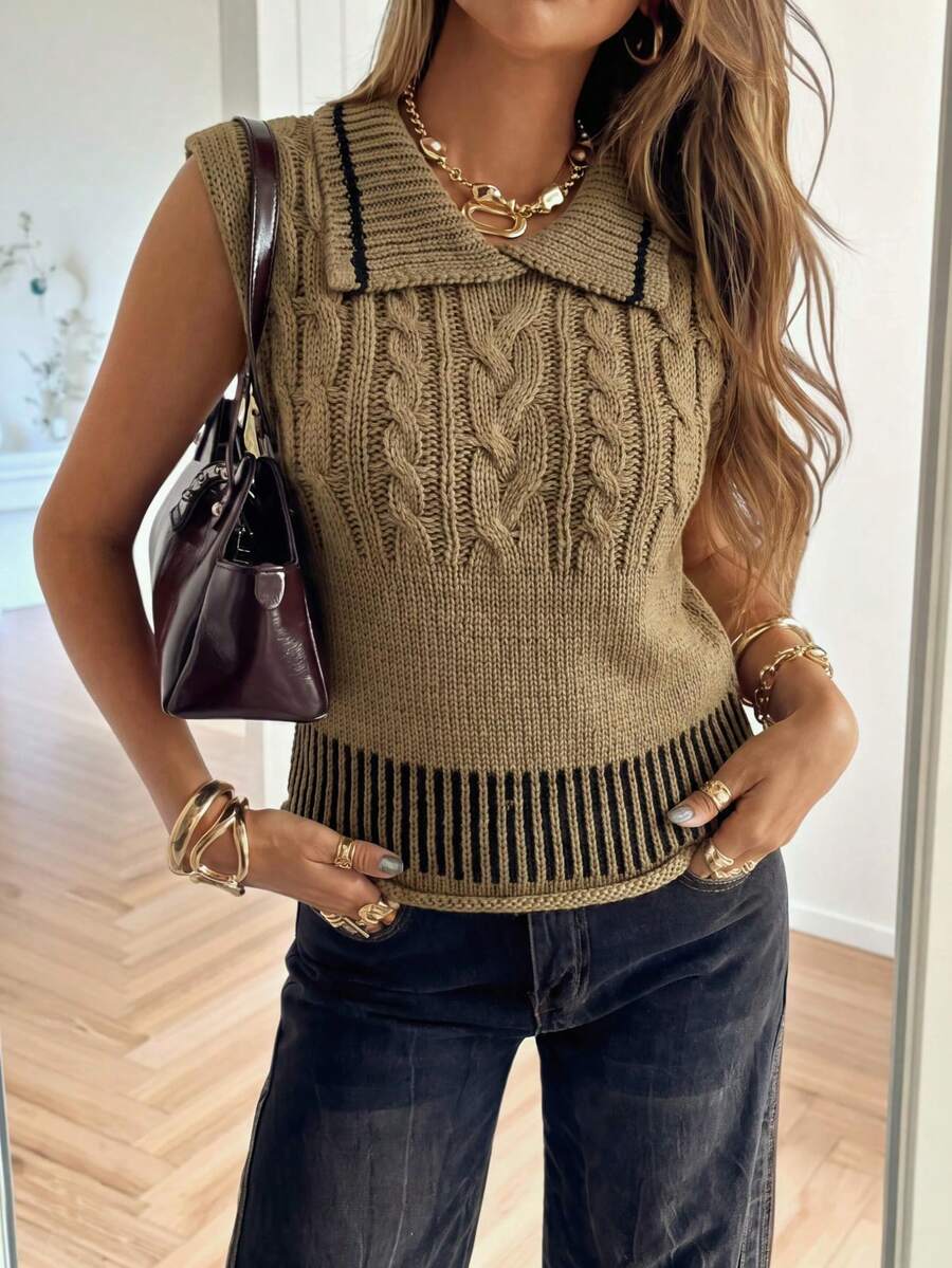 1pc Vintage Style Cable Knit Contrast Color Vest, New Layering Piece, Youthful Lapel Sleeveless Sweater - Camel - View 1